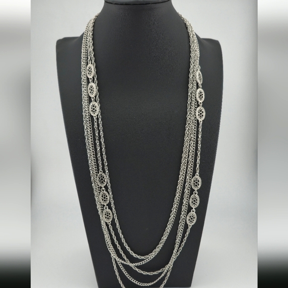 Monet Vintage Silver Multi Strand Chain Necklace 27” Layered Statement Jewelry - Picture 1 of 6